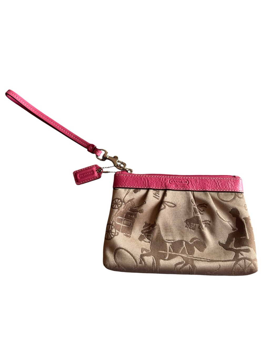 Coach Horse and Carriage est 1941 Canvas Wristlet, pink trim EUC